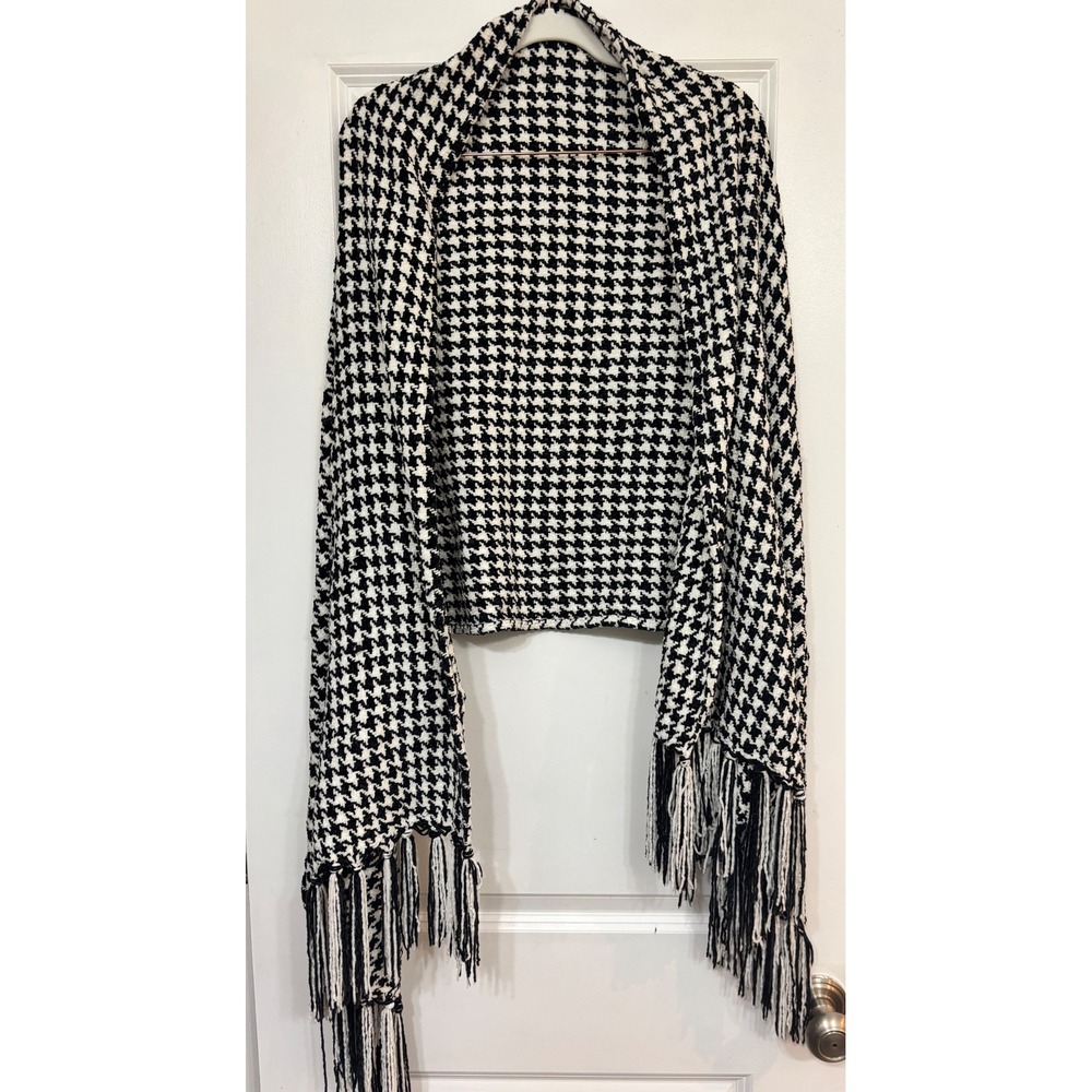 Houndstooth Knit Wrap Scarf Black White Tassel Fringe Shawl One Size Alabama